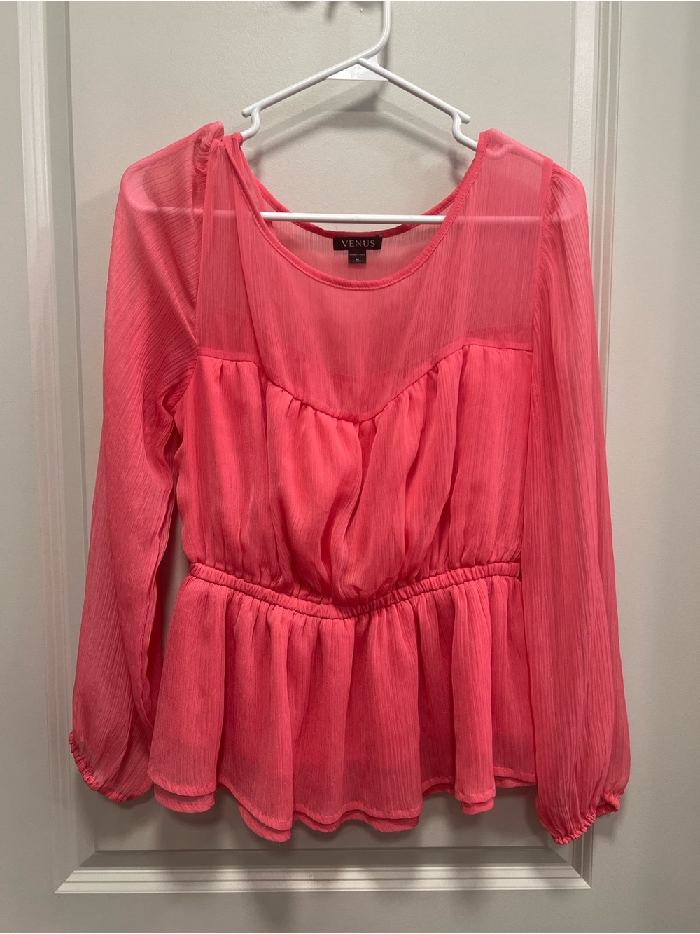 Venus Coral Pink Long Sleeve Peplum Blouse Size Medium. NWoT